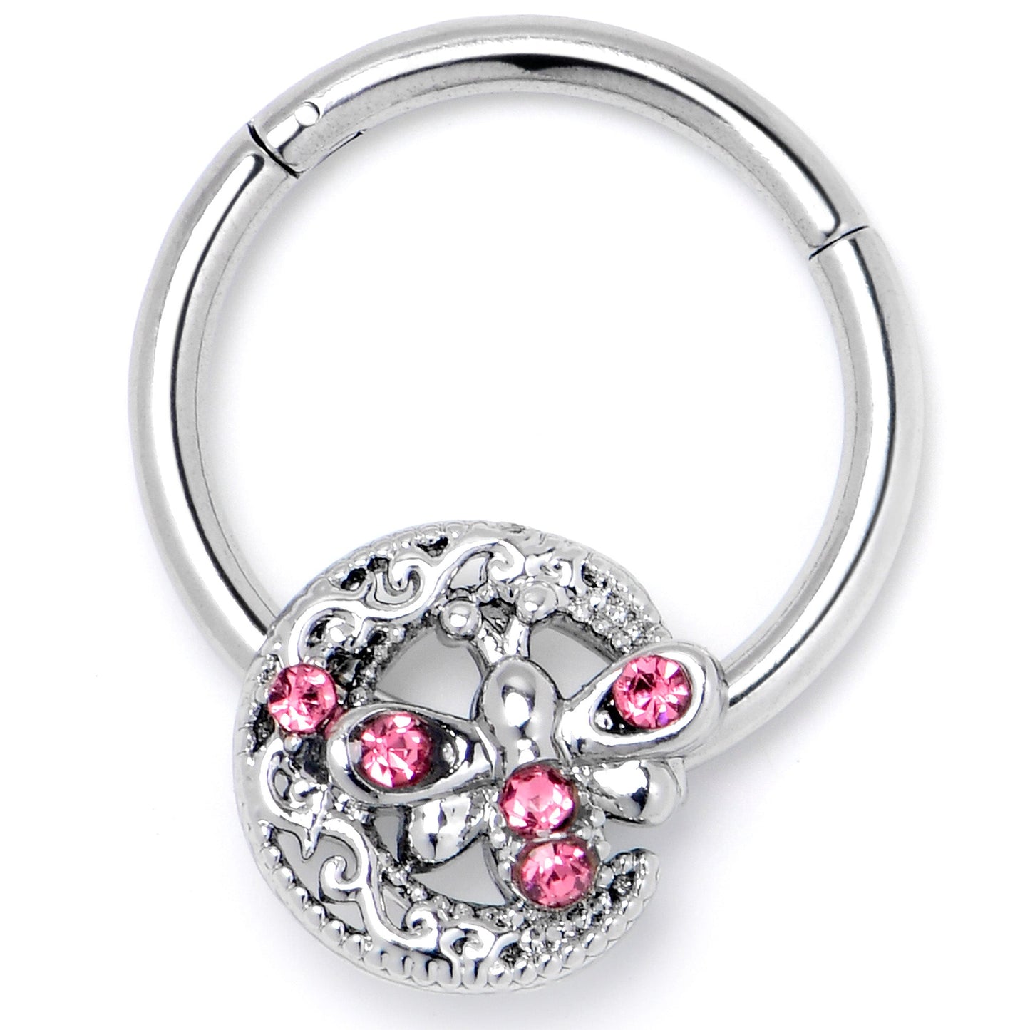 16G 3/8 Pink Gem Lunar Dragonfly Hinged Segment Ring