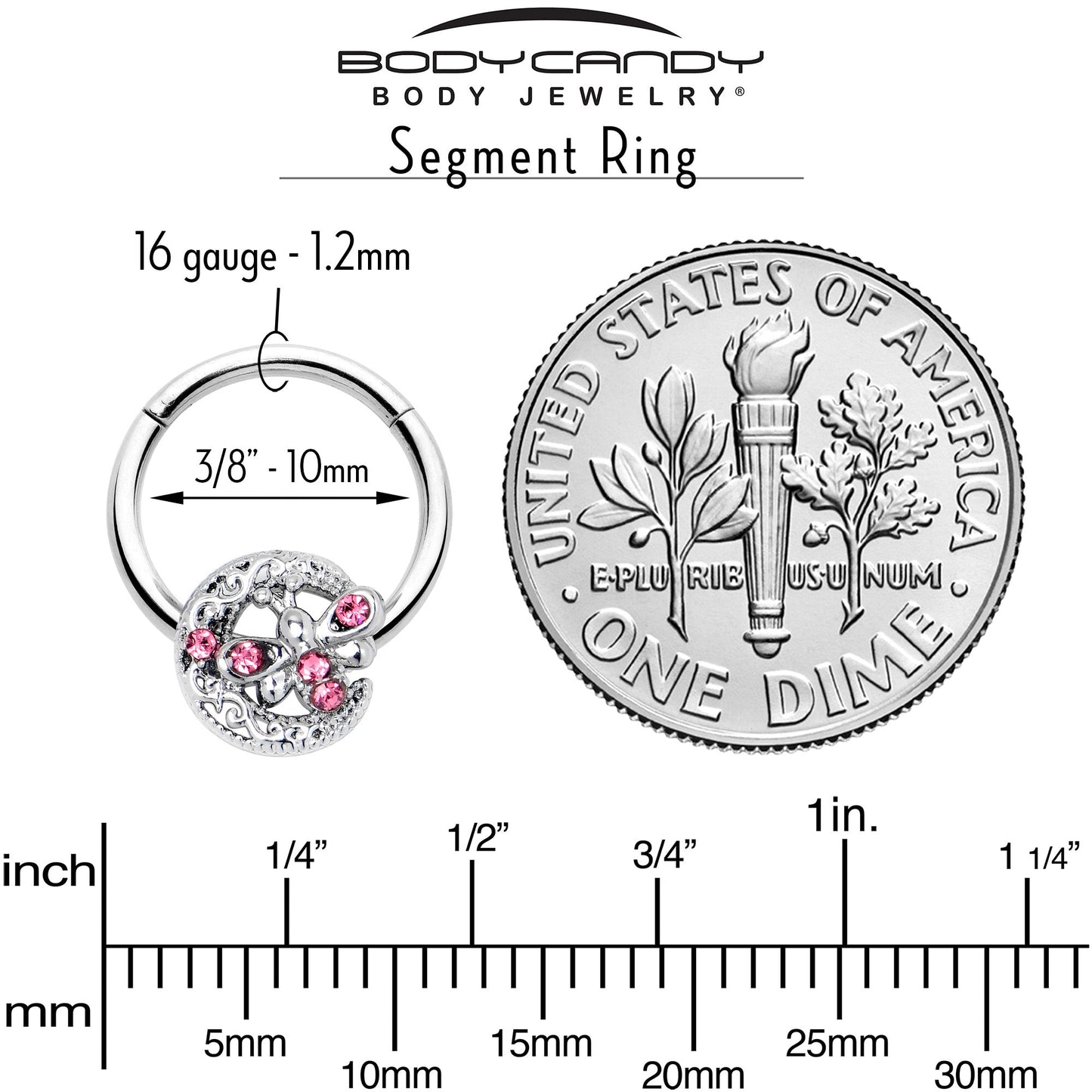 16G 3/8 Pink Gem Lunar Dragonfly Hinged Segment Ring