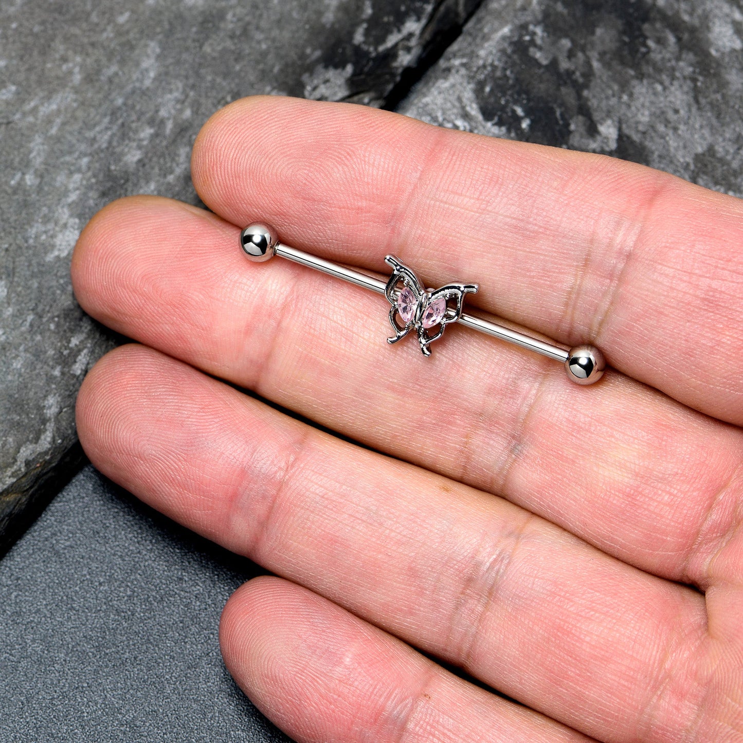 14G Pink Gem Fancy Fab Butterfly Industrial Barbell 38mm