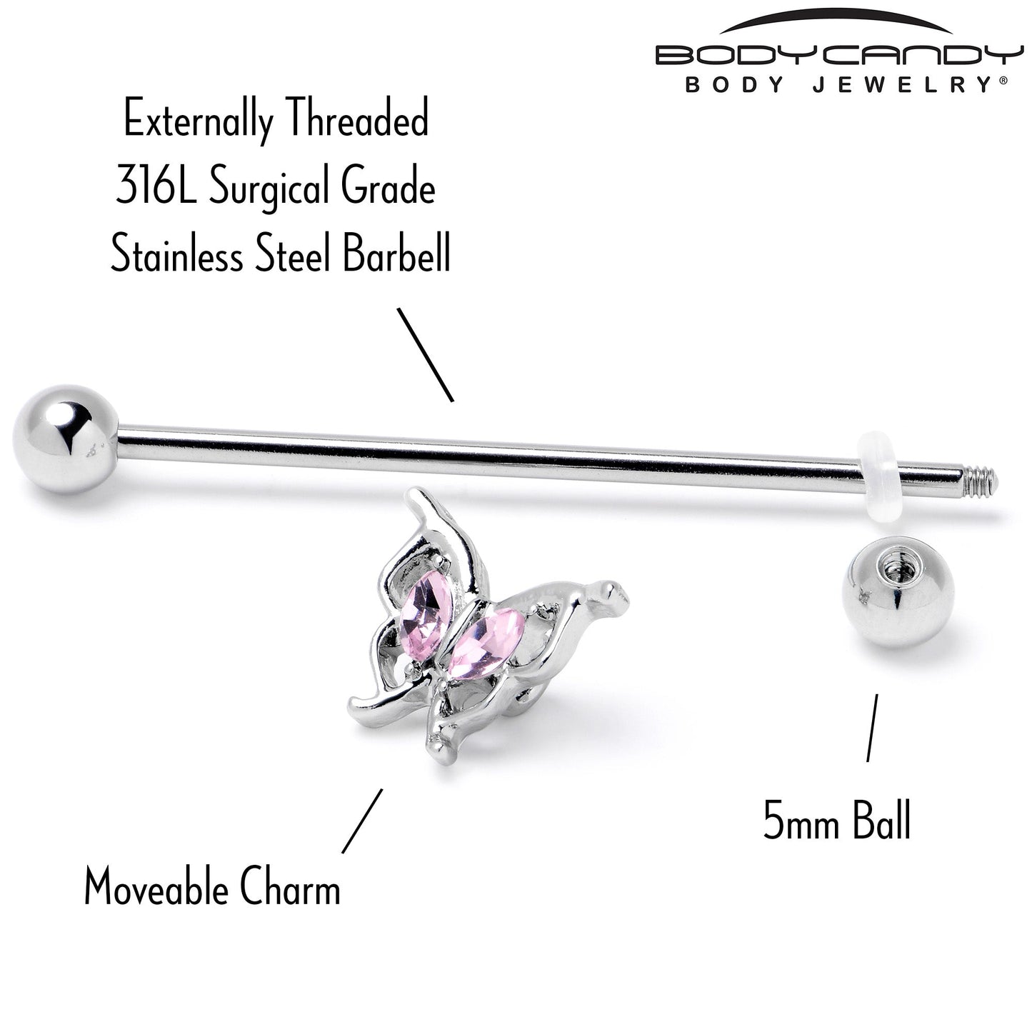 14G Pink Gem Fancy Fab Butterfly Industrial Barbell 38mm