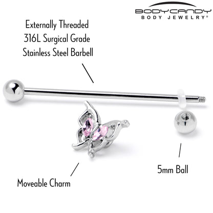 14G Pink Gem Fancy Fab Butterfly Industrial Barbell 38mm