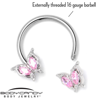 16G 3/8 Pink Gem Fancy Fab Butterfly Horseshoe Circular Barbell