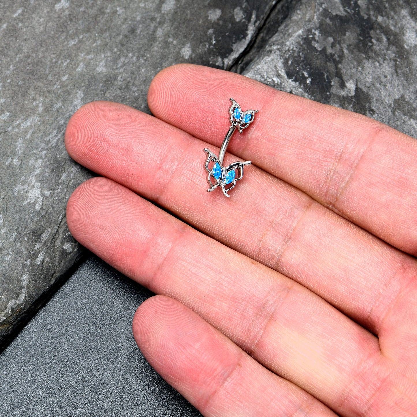 Blue Gem Fancy Fab Butterfly Double Mount Belly Ring