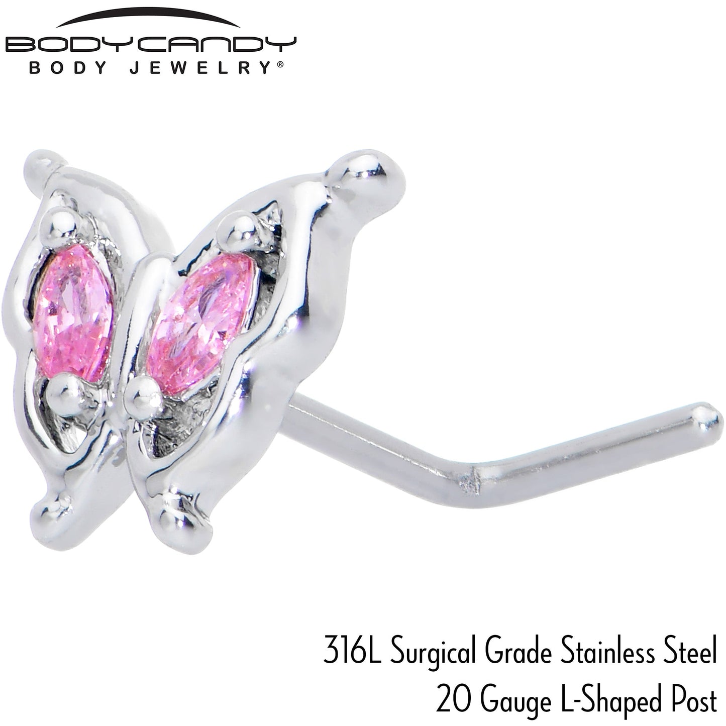 20G 7mm Pink Gem Fancy Fab Butterfly L Shape Nose Ring