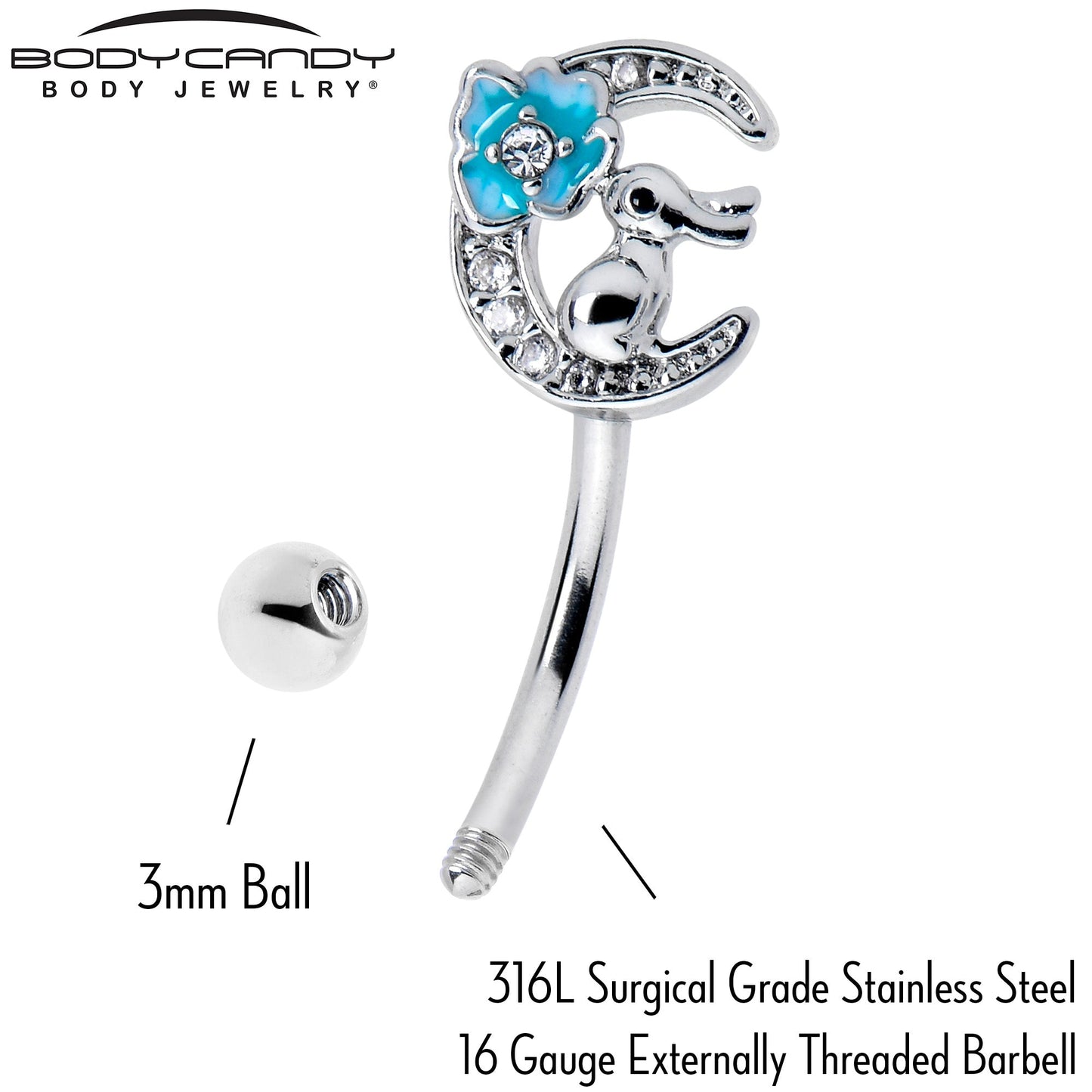 16G 5/16 Clear CZ Gem Rabbit On The Moon Blue Curved Eyebrow Ring