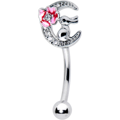 16G 5/16 Clear CZ Gem Rabbit On The Moon Pink Curved Eyebrow Ring