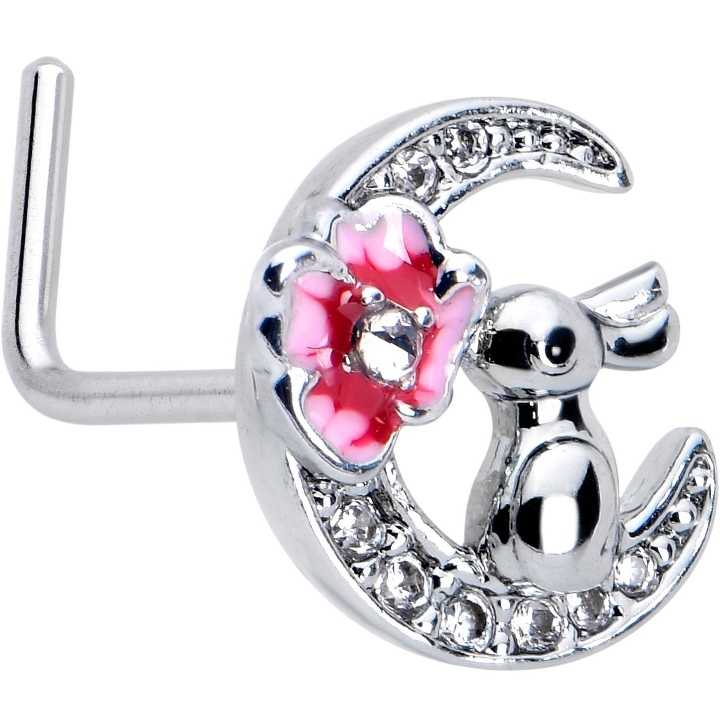 20G 7mm Clear CZ Gem Rabbit On The Moon Pink L Shape Nose Ring
