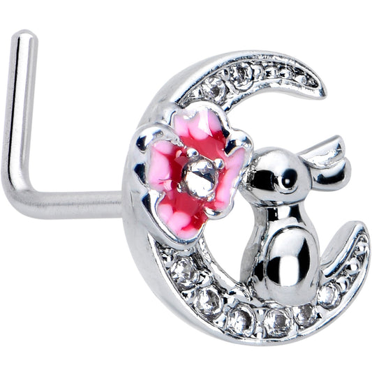 20G 7mm Clear CZ Gem Rabbit On The Moon Pink L Shape Nose Ring