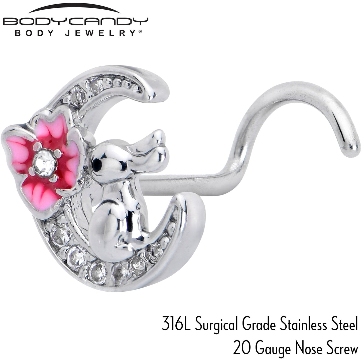 20G 7mm Clear CZ Gem Rabbit On The Moon Pink Left Side Nose Screw