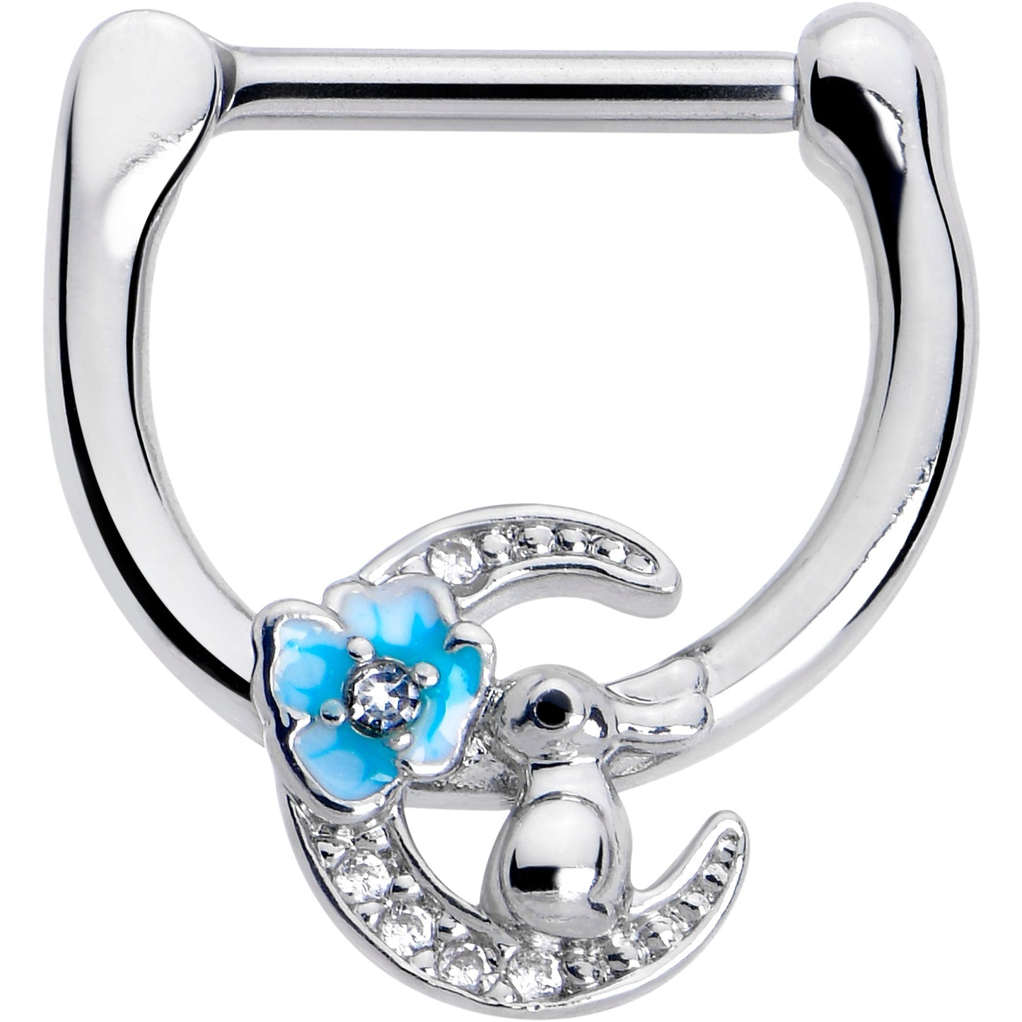 16G 5/16 Clear CZ Gem Rabbit On The Moon Blue Cartilage Clicker