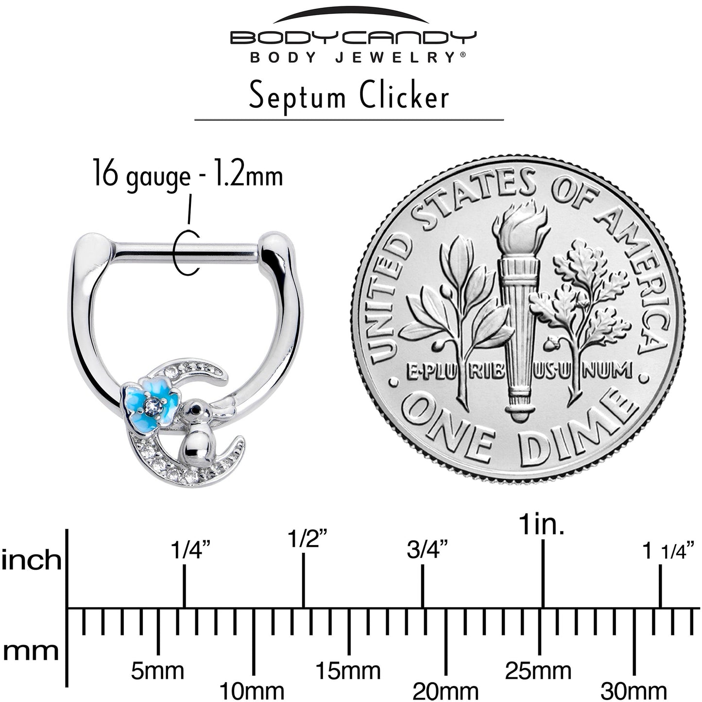 16G 5/16 Clear CZ Gem Rabbit On The Moon Blue Cartilage Clicker