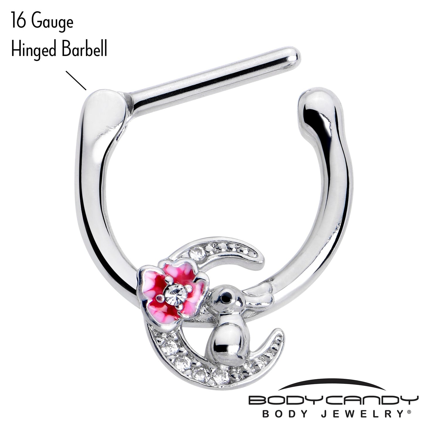 16G 5/16 Clear CZ Gem Rabbit On The Moon Pink Cartilage Clicker