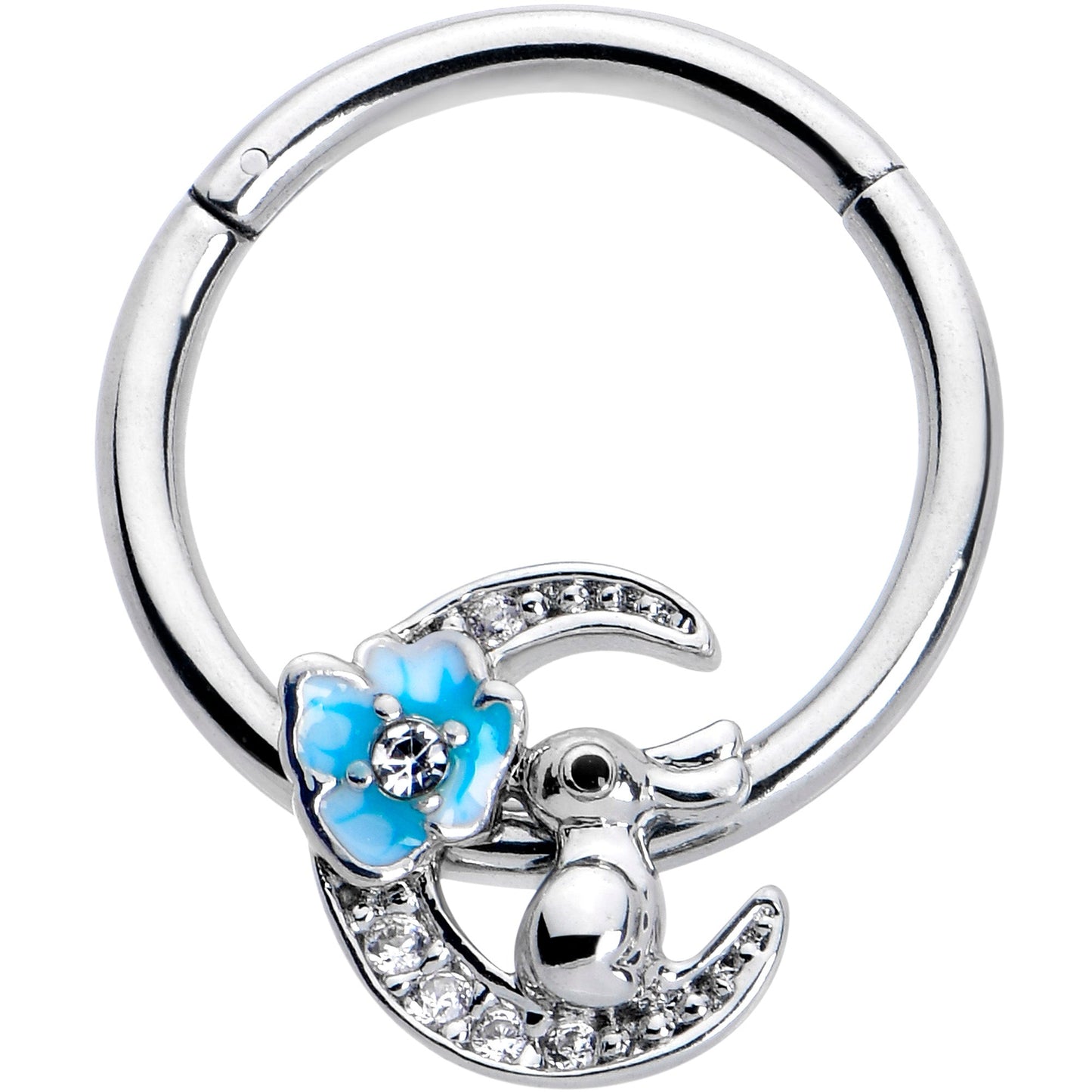 16G 3/8 Clear CZ Gem Rabbit On The Moon Blue Hinged Segment Ring