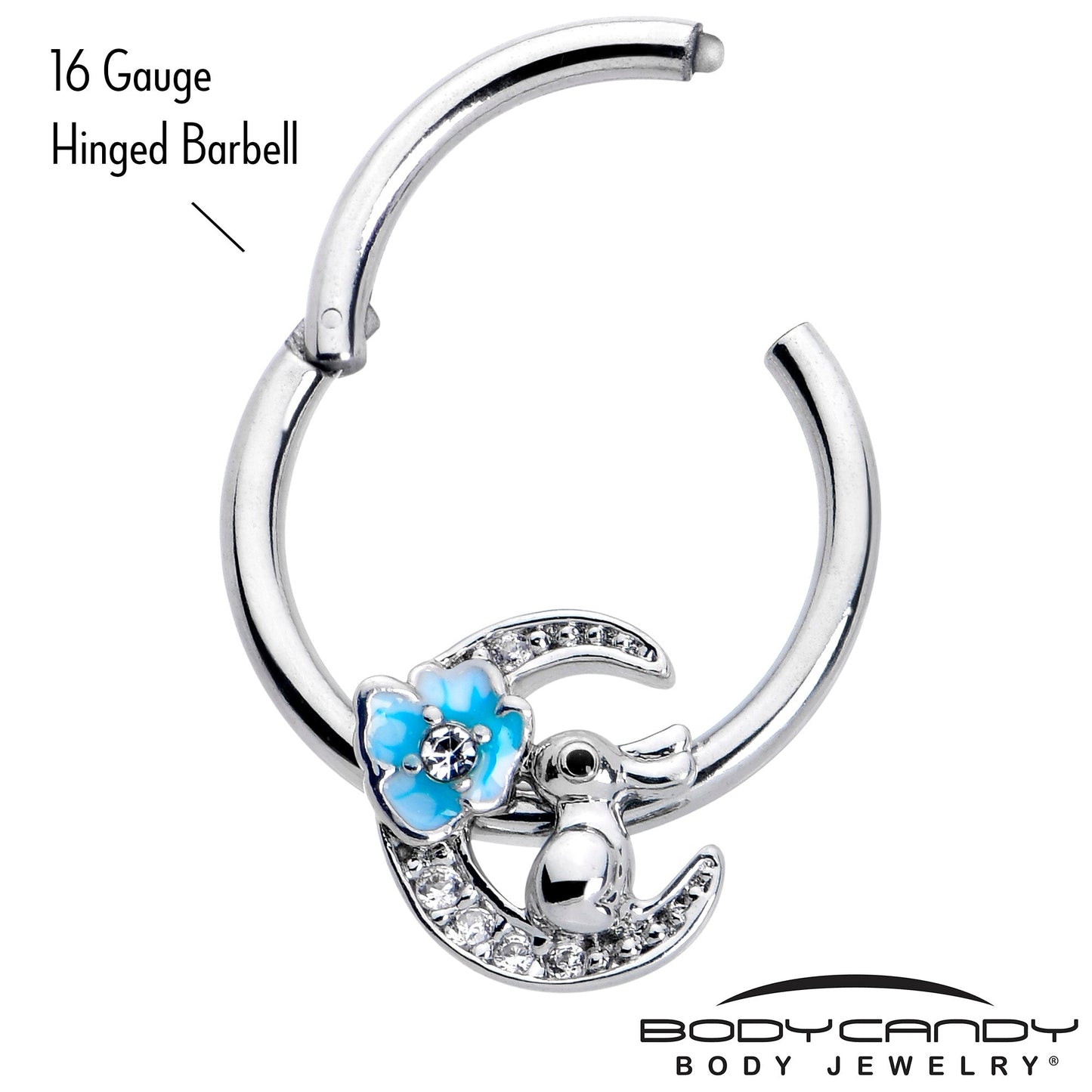 16G 3/8 Clear CZ Gem Rabbit On The Moon Blue Hinged Segment Ring