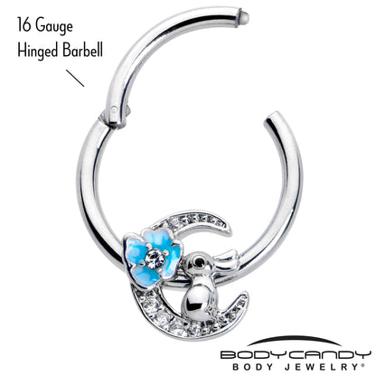 16G 3/8 Clear CZ Gem Rabbit On The Moon Blue Hinged Segment Ring