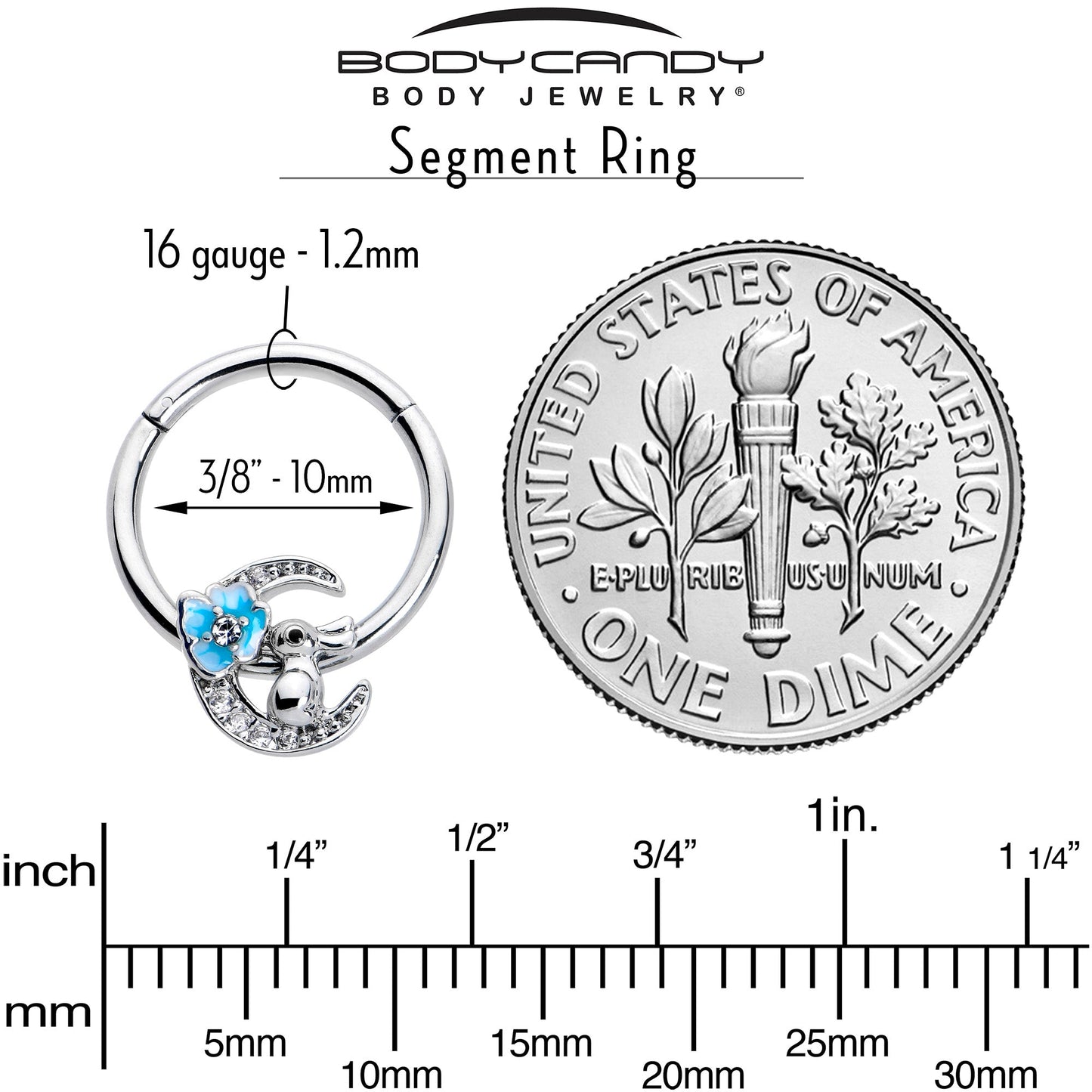 16G 3/8 Clear CZ Gem Rabbit On The Moon Blue Hinged Segment Ring