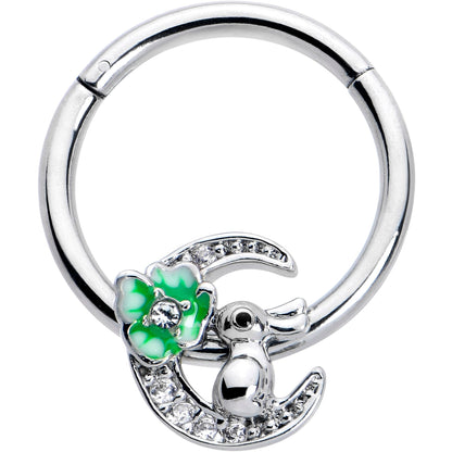16G 3/8 Clear CZ Gem Rabbit On The Moon Green Hinged Segment Ring