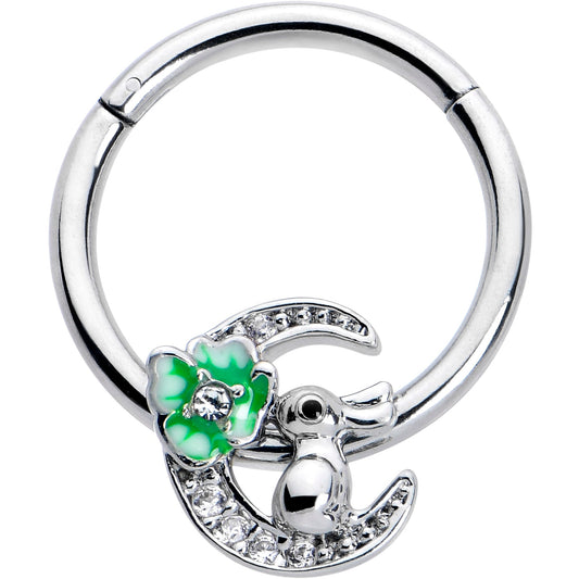 16G 3/8 Clear CZ Gem Rabbit On The Moon Green Hinged Segment Ring