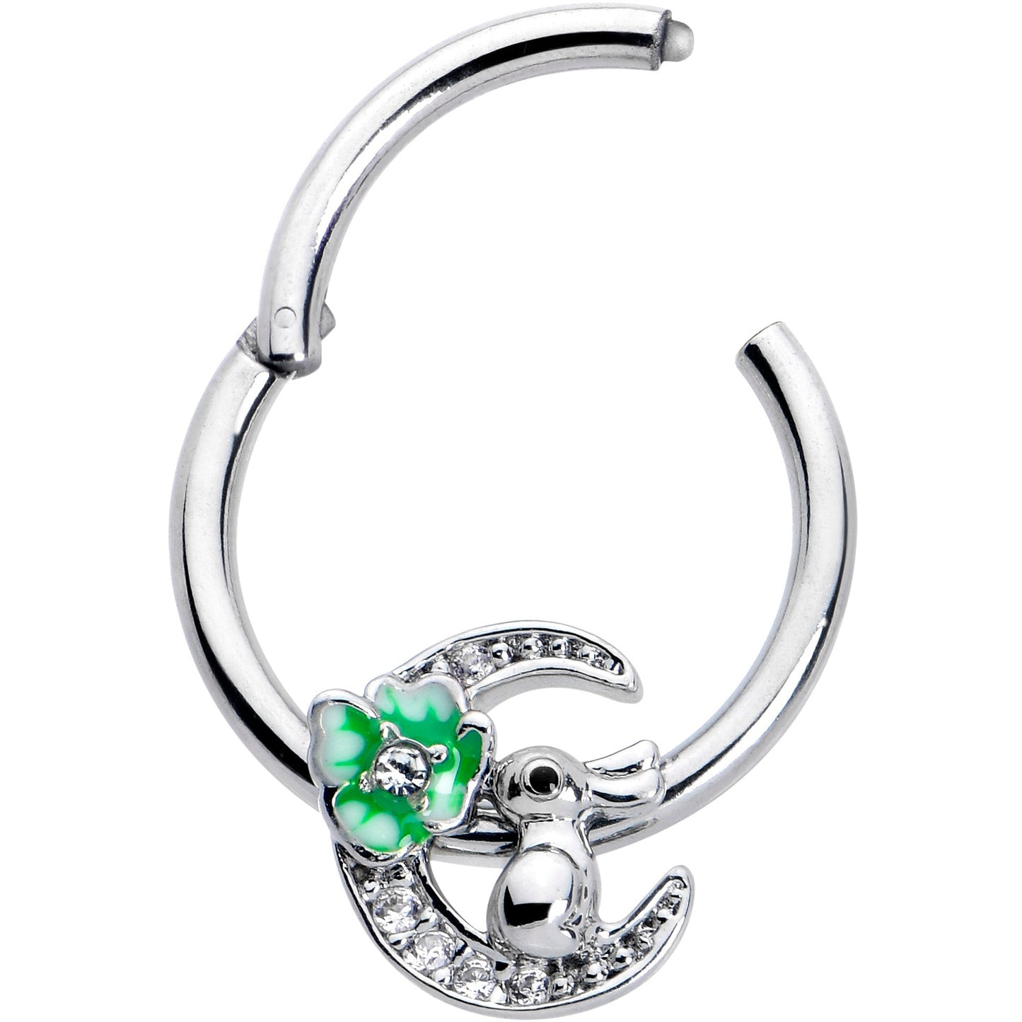 16G 3/8 Clear CZ Gem Rabbit On The Moon Green Hinged Segment Ring