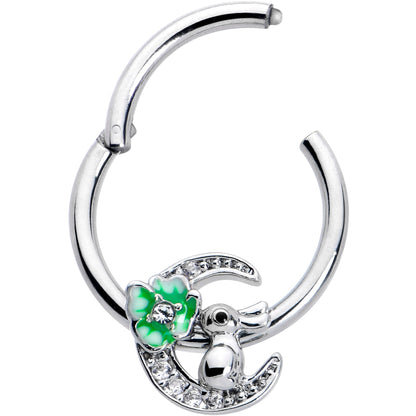 16G 3/8 Clear CZ Gem Rabbit On The Moon Green Hinged Segment Ring
