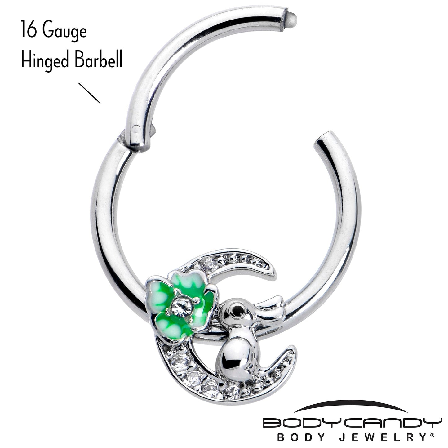 16G 3/8 Clear CZ Gem Rabbit On The Moon Green Hinged Segment Ring