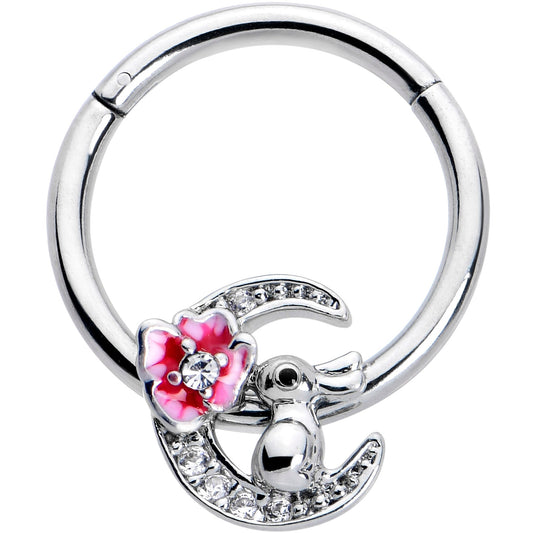 16G 3/8 Clear CZ Gem Rabbit On The Moon Pink Hinged Segment Ring
