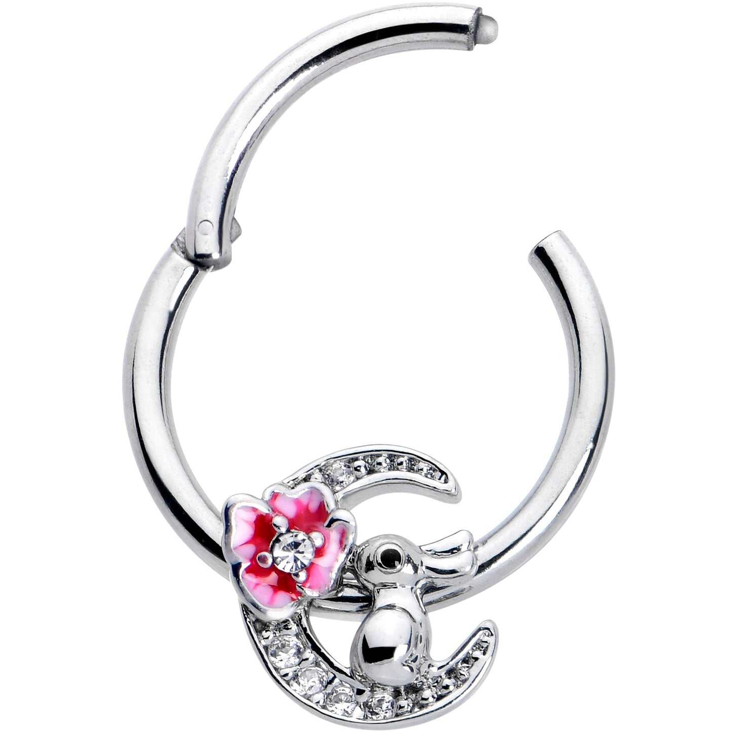 16G 3/8 Clear CZ Gem Rabbit On The Moon Pink Hinged Segment Ring