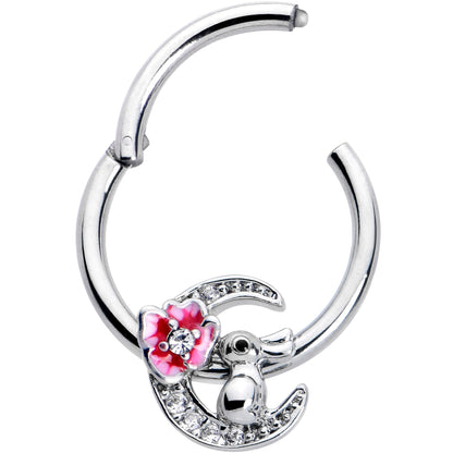 16G 3/8 Clear CZ Gem Rabbit On The Moon Pink Hinged Segment Ring