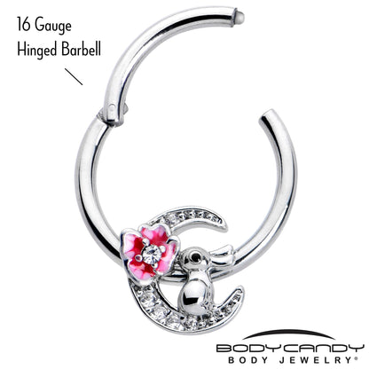16G 3/8 Clear CZ Gem Rabbit On The Moon Pink Hinged Segment Ring