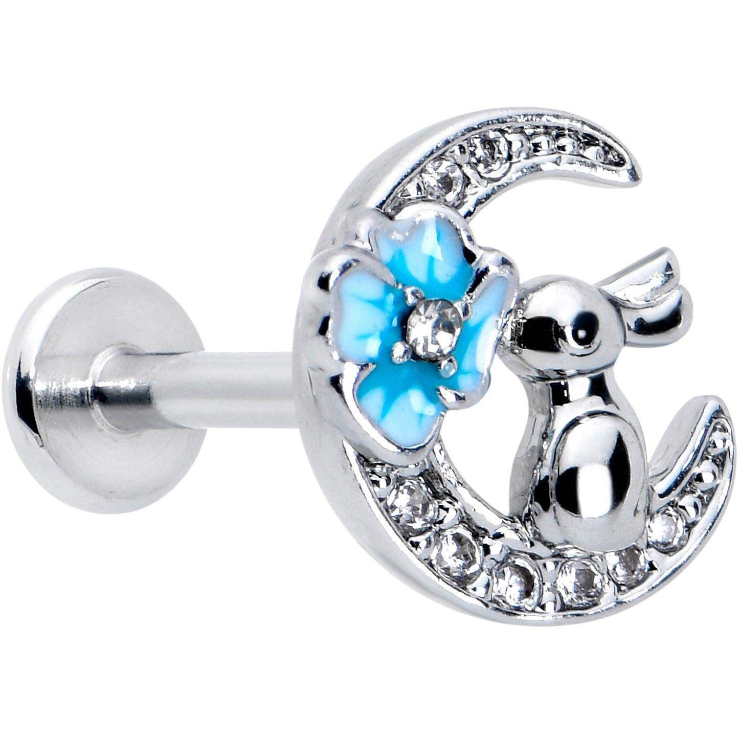 16G 5/16 Clear CZ Gem Rabbit Moon Blue Internally Threaded Labret