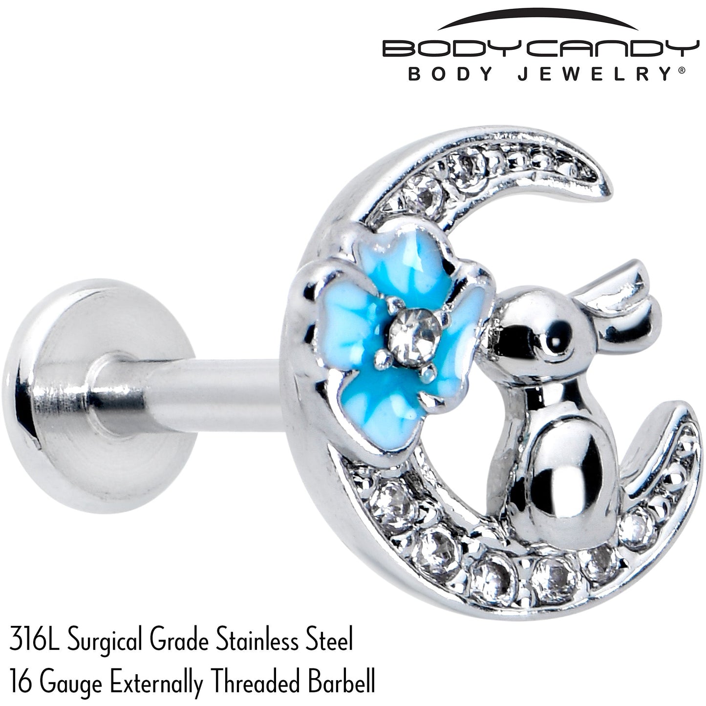 16G 5/16 Clear CZ Gem Rabbit Moon Blue Internally Threaded Labret