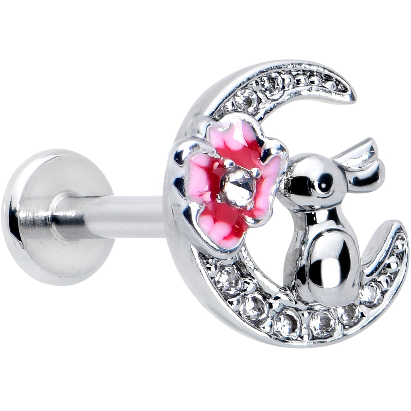 16G 5/16 Clear CZ Gem Rabbit Moon Pink Internally Threaded Labret