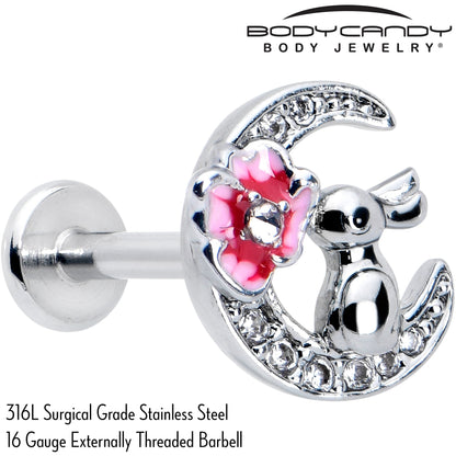 16G 5/16 Clear CZ Gem Rabbit Moon Pink Internally Threaded Labret