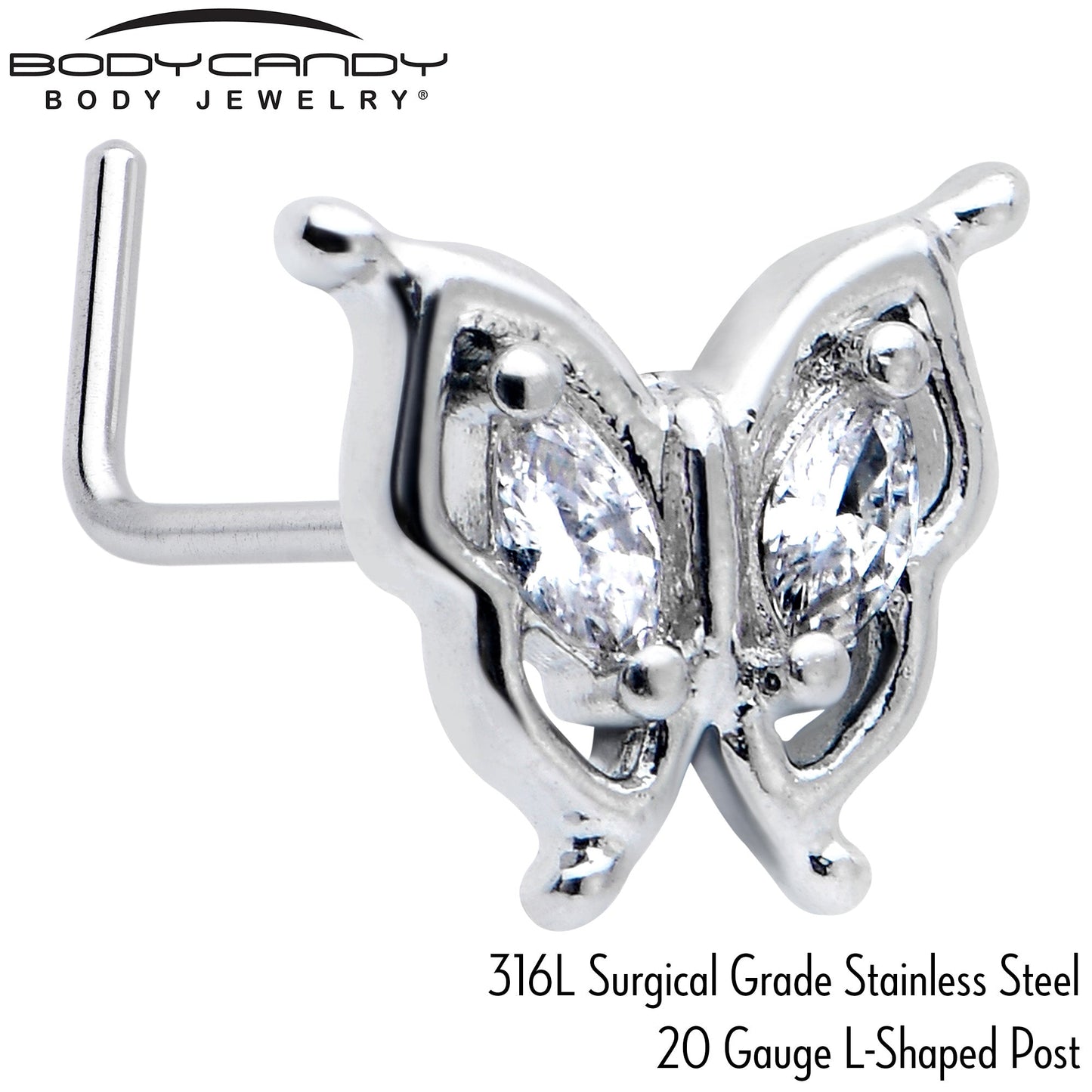 20G 7mm Clear Gem Fancy Fab Butterfly L Shape Nose Ring