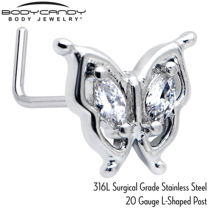 20G 7mm Clear Gem Fancy Fab Butterfly L Shape Nose Ring