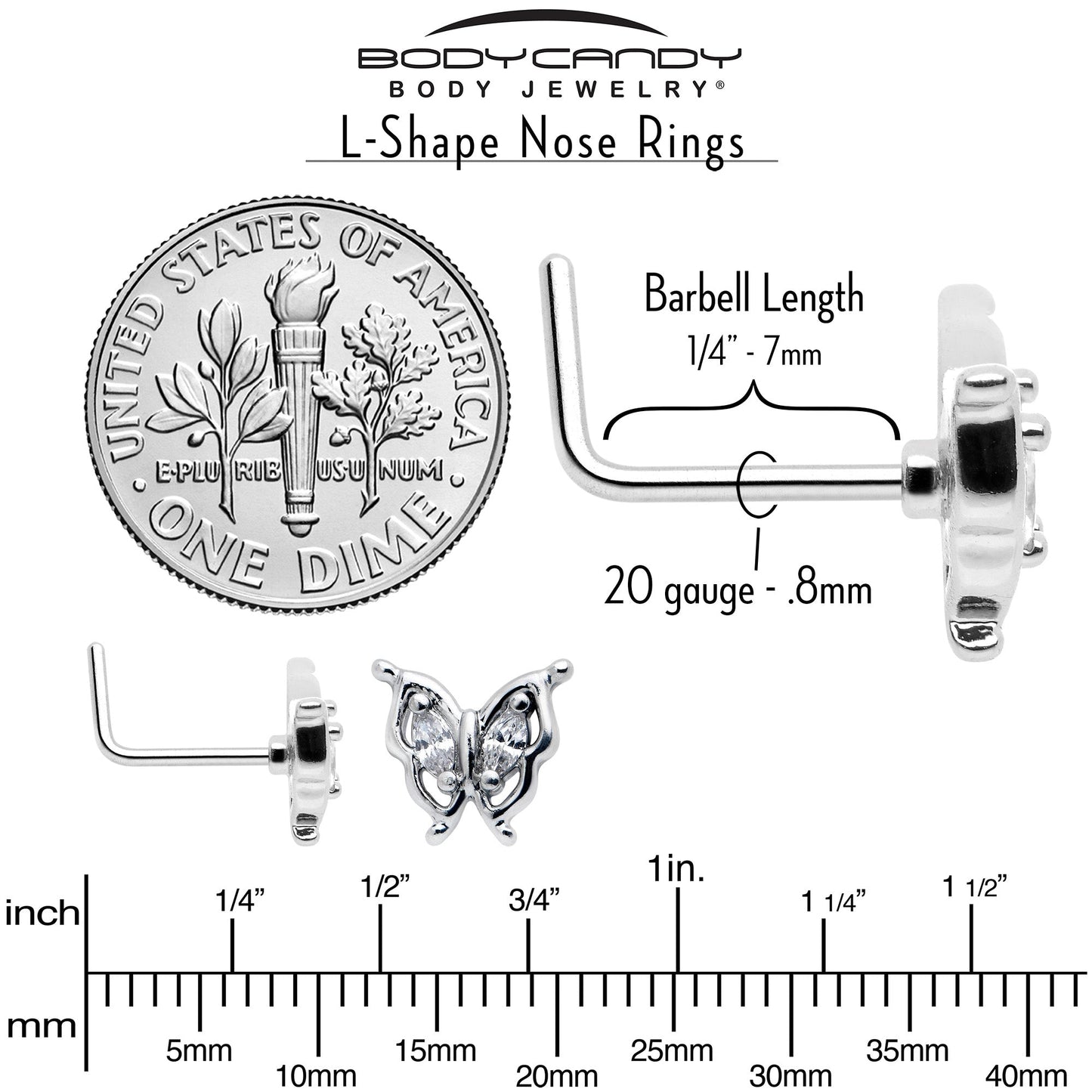 20G 7mm Clear Gem Fancy Fab Butterfly L Shape Nose Ring