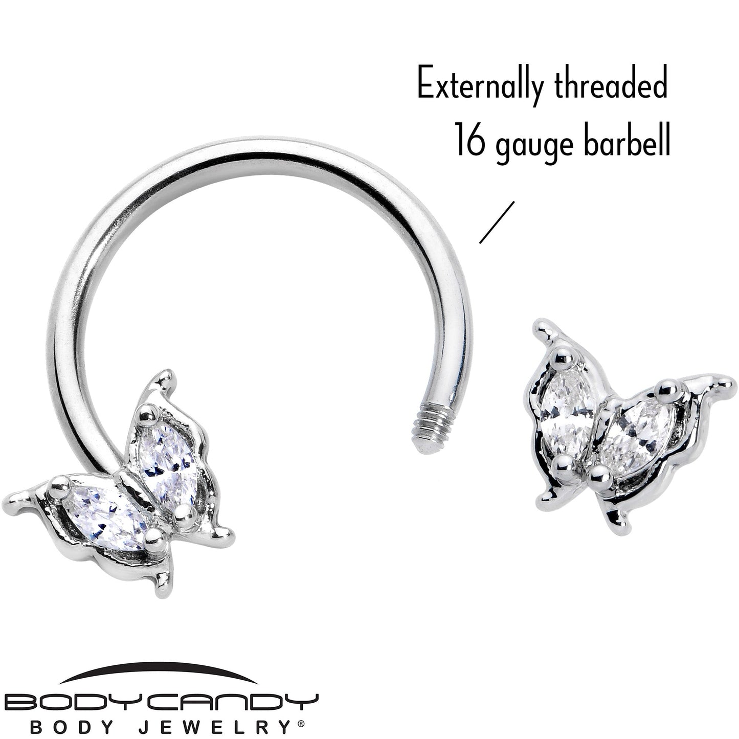 16G 3/8 Clear Gem Fancy Fab Butterfly Horseshoe Circular Barbell