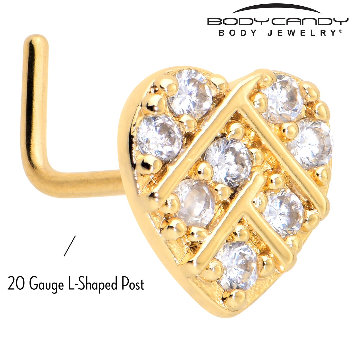 20G 7mm Clear Gem Gold Tone Lattice Heart L Shape Nose Ring