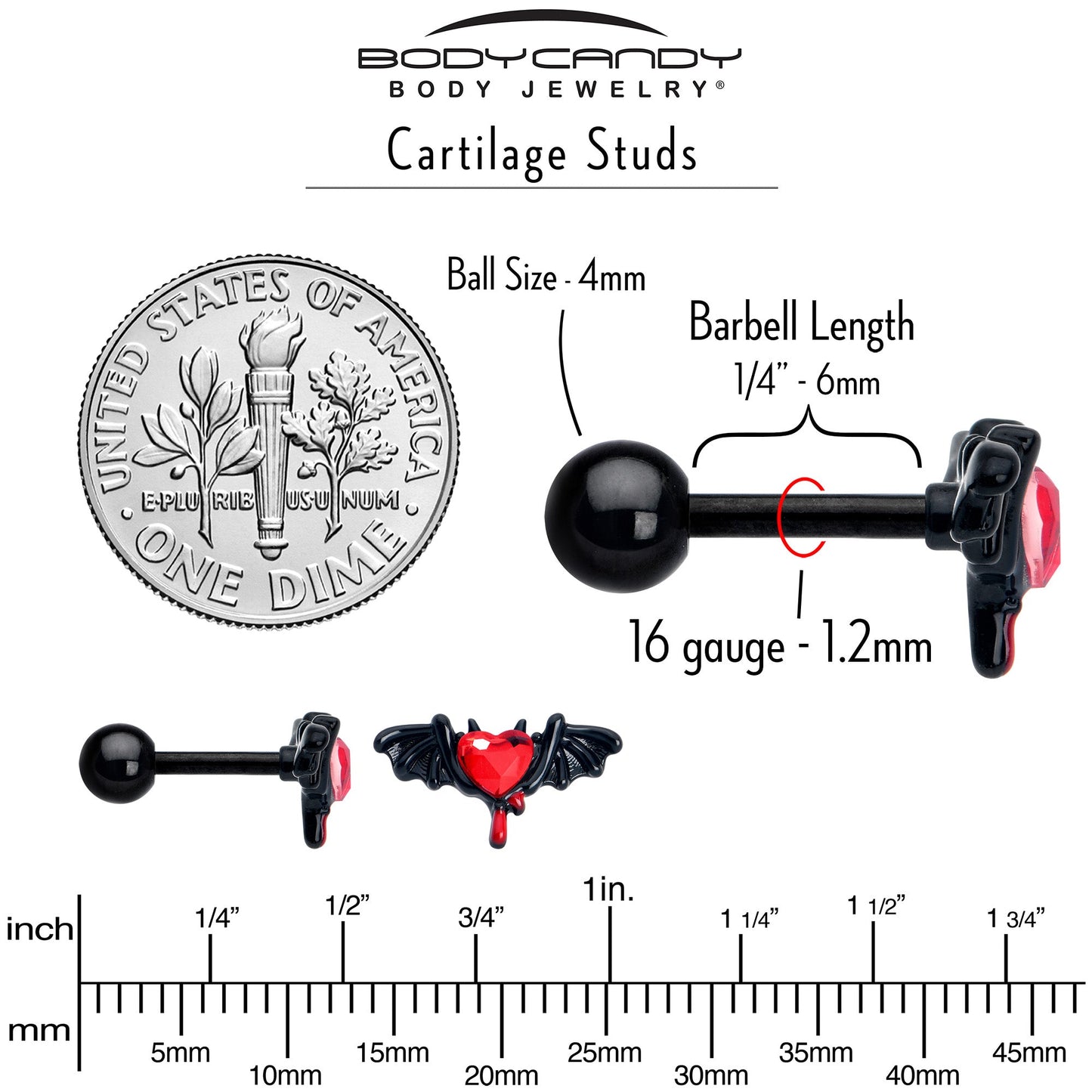 16G 1/4 Red Gem Black Bleeding Heart Bat Cartilage Tragus Earring