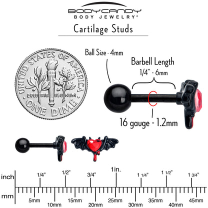 16G 1/4 Red Gem Black Bleeding Heart Bat Cartilage Tragus Earring