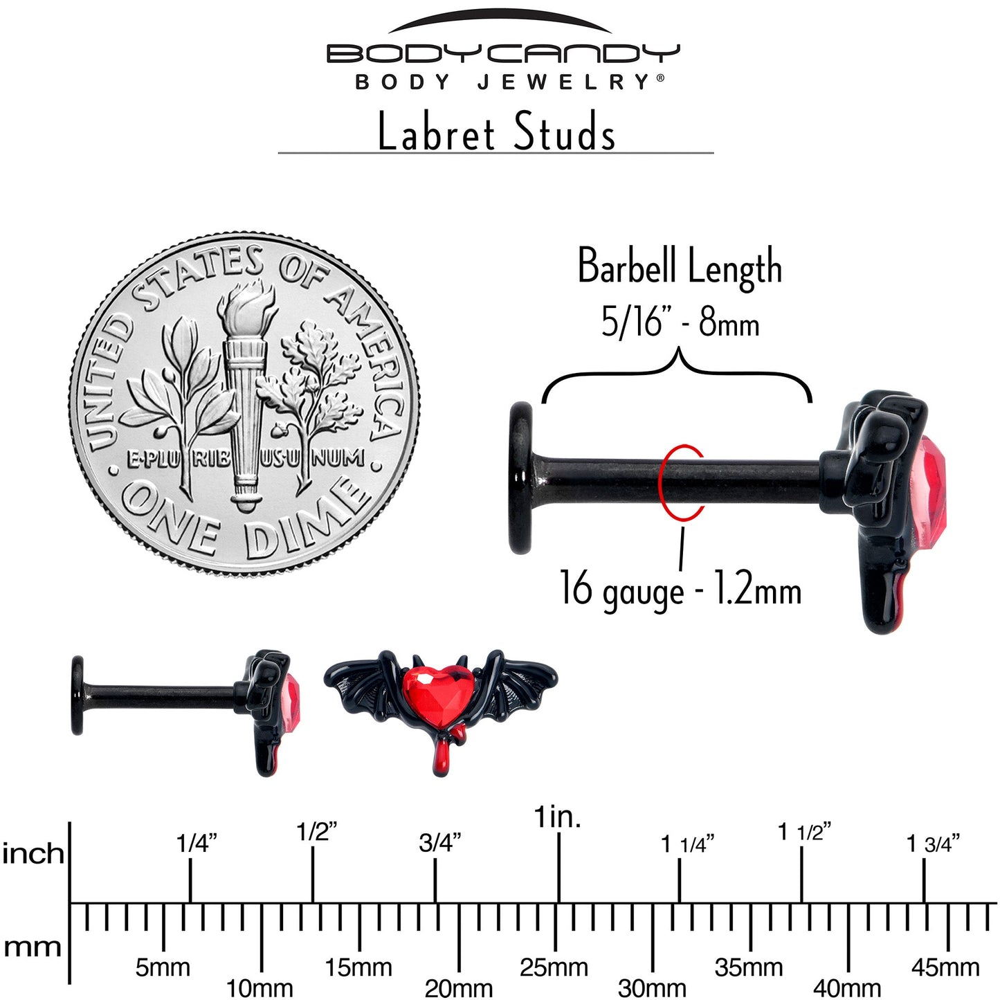 16G 5/16 Red Gem Black Bleeding Heart Bat Labret Monroe Tragus