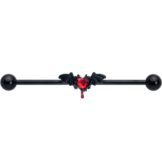 14G Red Gem Black Bleeding Heart Bat Industrial Barbell 38mm