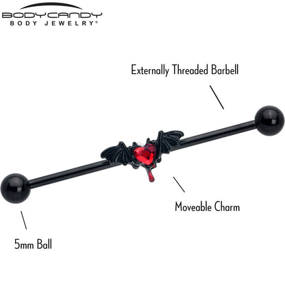 14G Red Gem Black Bleeding Heart Bat Industrial Barbell 38mm
