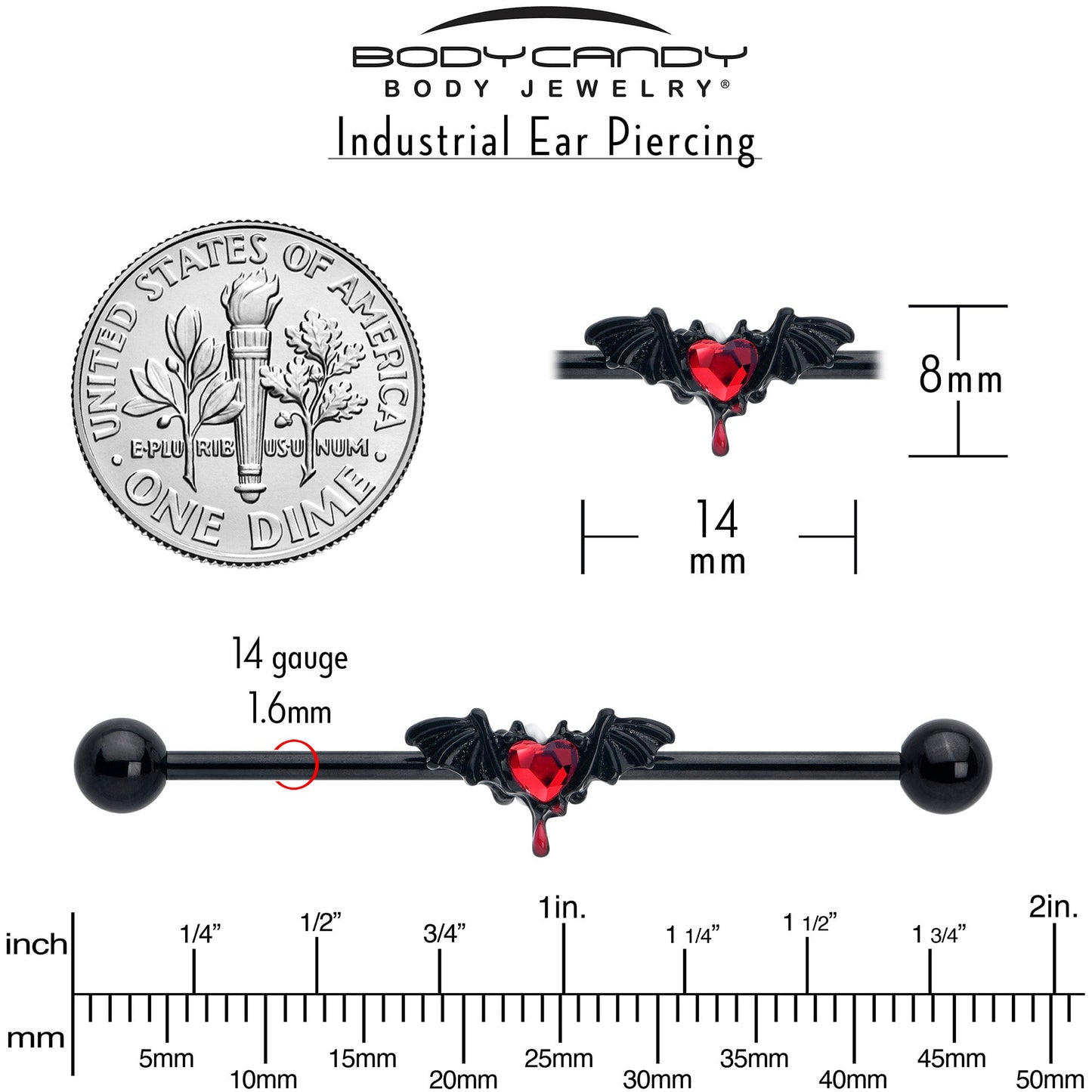14G Red Gem Black Bleeding Heart Bat Industrial Barbell 38mm