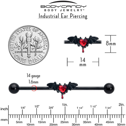 14G Red Gem Black Bleeding Heart Bat Industrial Barbell 38mm