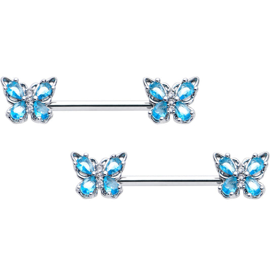 14G 9/16 Blue Gem Baroque Beauty Butterfly Barbell Nipple Ring Set