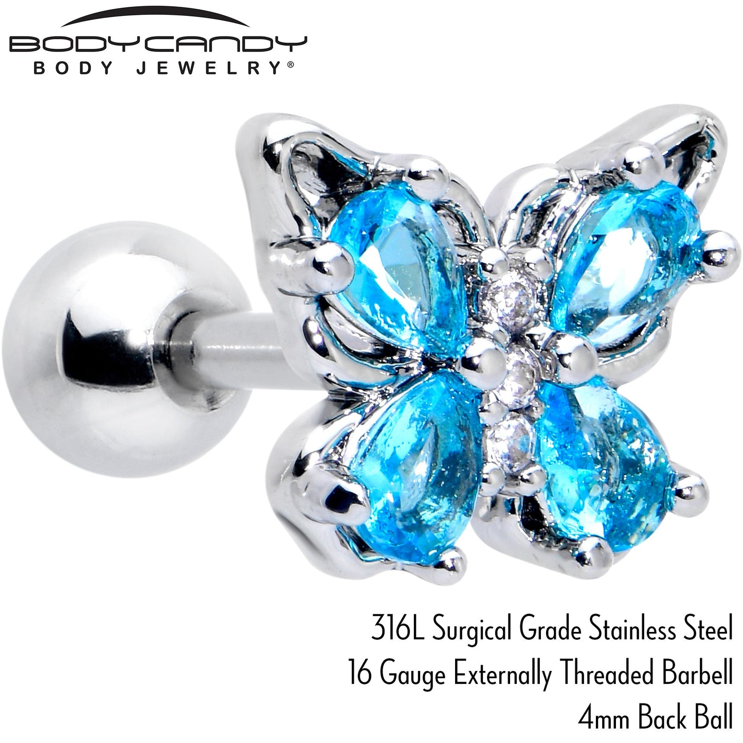 16G 1/4 Blue Gem Baroque Beauty Butterfly Cartilage Tragus Earring