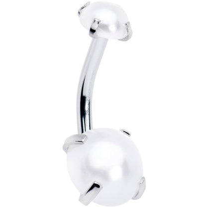 Opaque White Faux Pearl June Birthstone Double Mount Belly Ring