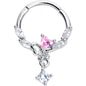 16G 3/8 Pink CZ Gem Butterfly Heart Dangle Hinged Segment Ring