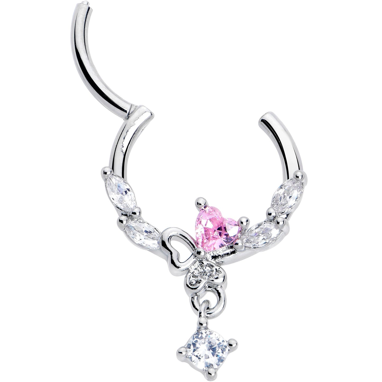 16G 3/8 Pink CZ Gem Butterfly Heart Dangle Hinged Segment Ring